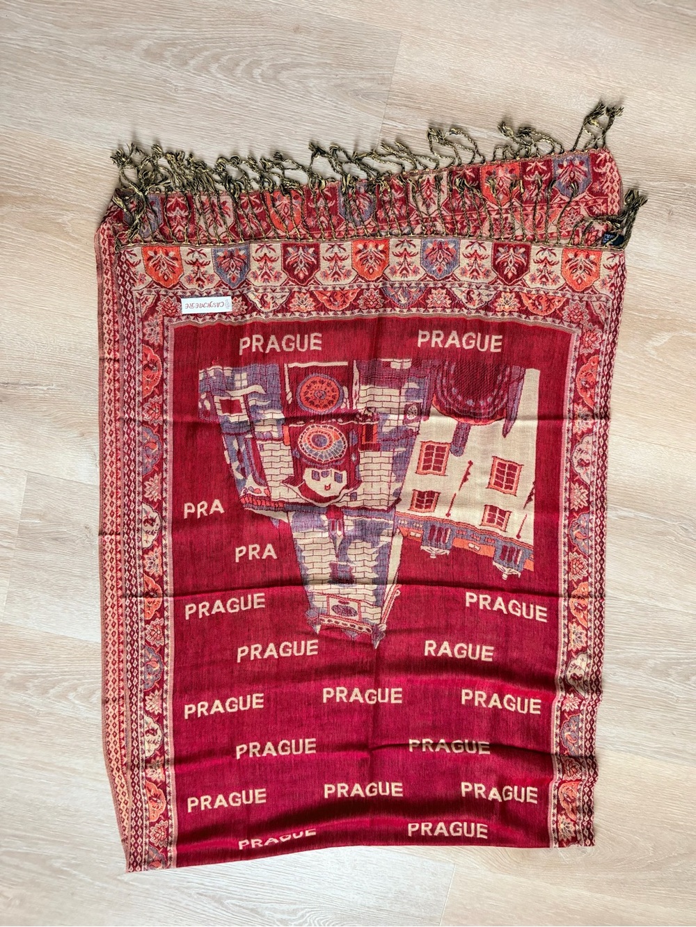 Vintage Cashmere Silk Blend Pashmina Scarf Prague Print Wrap 26x72 Large - Picture 5 of 8